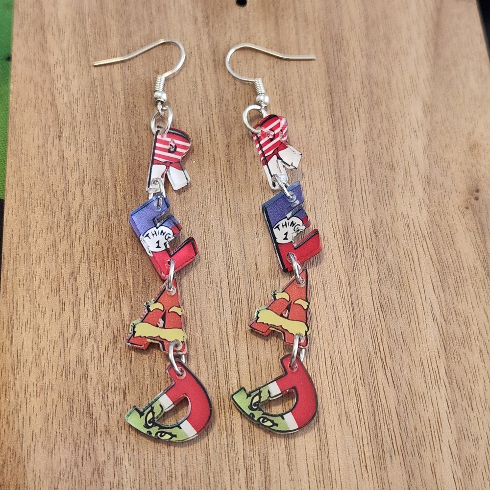 Dr Seuss READ Dangle Earrings Teacher Librarian Bookish Multi Color Acrylic